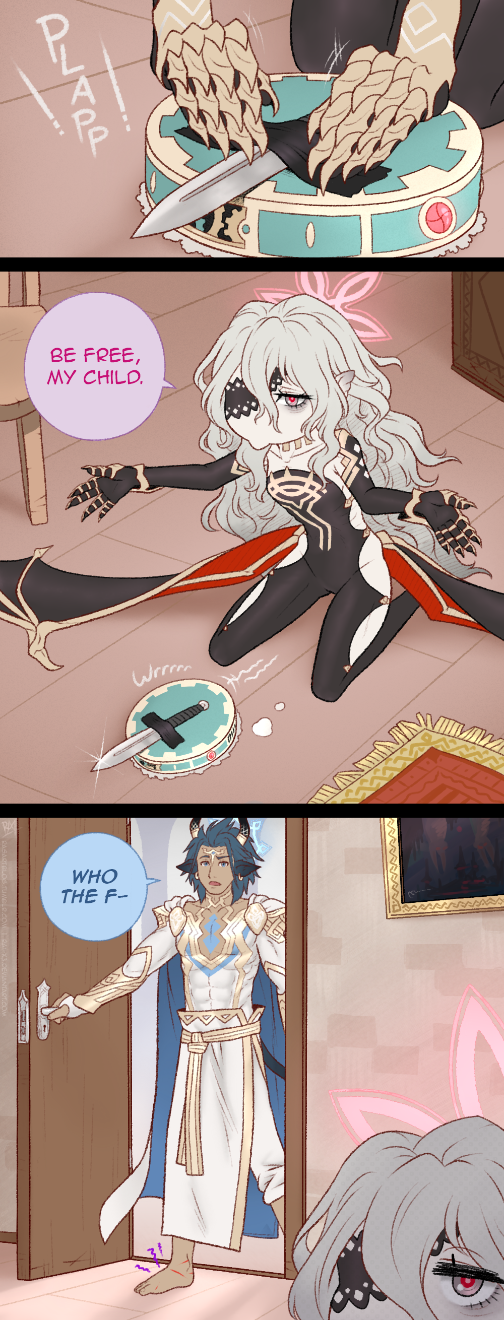 1boy, 1girl, 3koma, absurdres, askr_(fire_emblem), bags_under_eyes, chair, comic, cuts, dagger, embla_(fire_emblem), english_text, eyepatch, fire_emblem, fire_emblem_heroes, gloves, grey_hair, highres, indoors, injury, knife, long_hair, nintendo, opening_door, r-a-1, red_eyes, robotic_vacuum_cleaner, tape, weapon