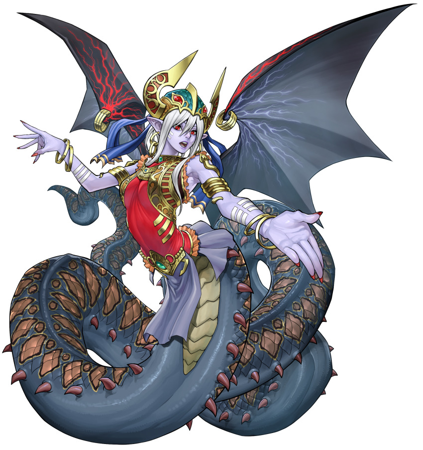 1girl, absurdres, breasts, colored_skin, earrings, fingernails, full_body, helmet, highres, hoop_earrings, jewelry, konami, lamia, looking_at_viewer, medium_breasts, monster_girl, official_art, red_eyes, reptilianne_echidna, simple_background, snake_tail, solo, tail, white_hair, wings, yu-gi-oh!