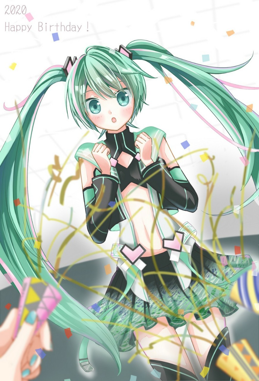 1girl, 2020, :o, ai_dee_(vocaloid), anode_electronica_(module), blurry, blurry_foreground, blush, clothing_cutout, confetti, crop_top, detached_sleeves, green_eyes, green_hair, happy_birthday, hatsune_miku, hatsune_miku_(anode_electronica), highres, long_hair, long_sleeves, looking_at_viewer, midriff, nagitofuu, nail_polish, navel, open_mouth, party_popper, pleated_skirt, skirt, sleeveless, sleeveless_jacket, thighhighs, twintails, very_long_hair, vocaloid