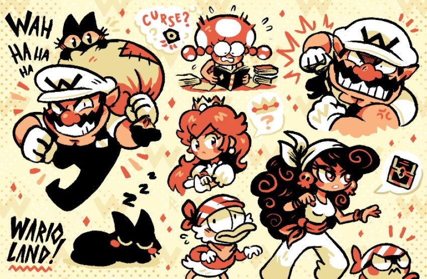 bandana, black_cat, black_cat_(wario_land), black_jewel, black_overalls, captain_syrup, cat, crown, d.d._(wario_land), earrings, facial_hair, grin, holding, holding_sack, jewelry, limited_palette, mario_(series), mustache, nintendo, oniri_boy, overalls, pirate_goom, pixel_art, pointy_ears, princess_peach, sack, shirt, skull_earrings, smile, toadette, treasure_chest, wario, wario_land, wario_land_4, wario_land_ii, wario_world, white_headwear, white_shirt