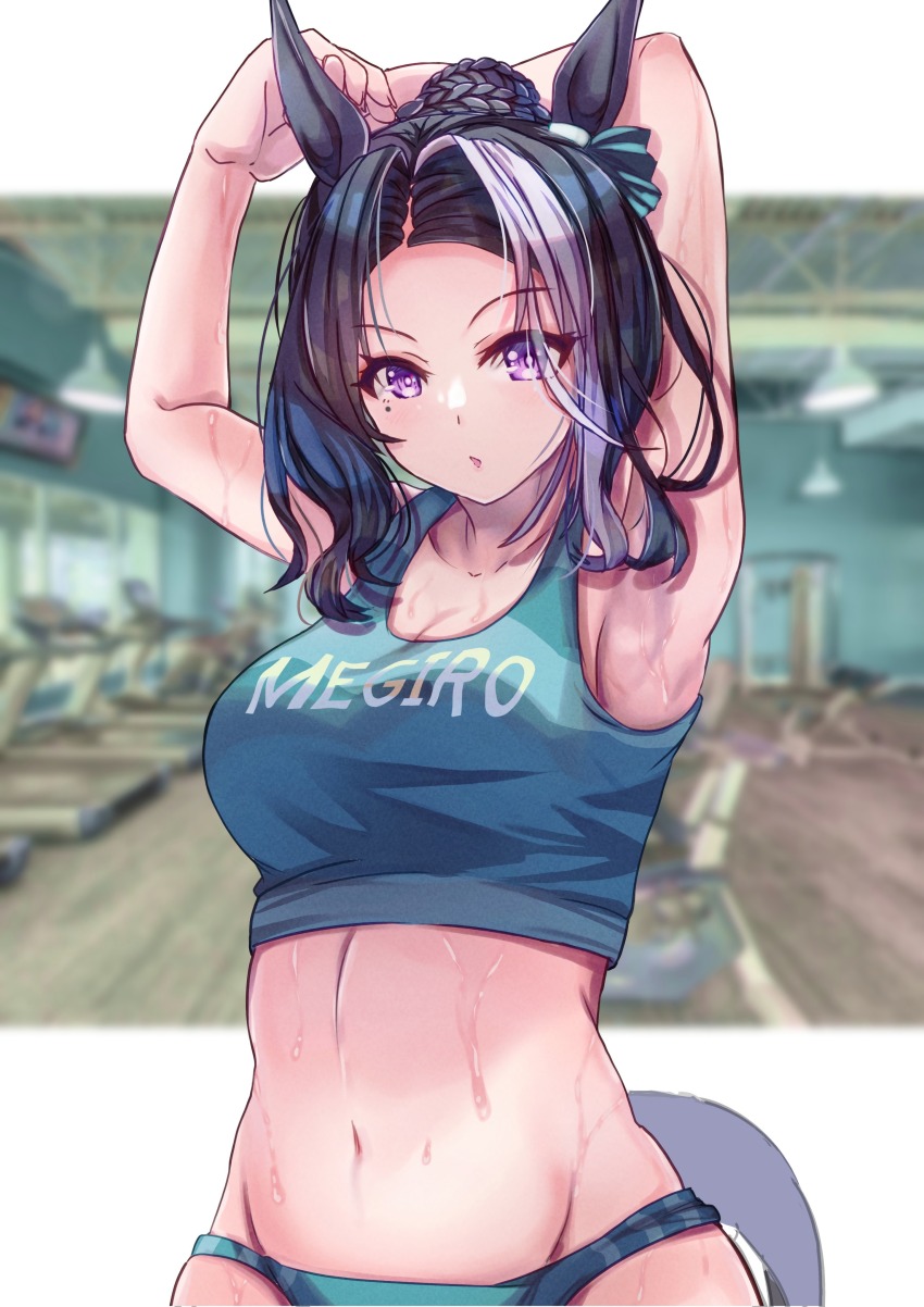1girl, absurdres, aiou0413, animal_ears, armpits, arms_up, bare_shoulders, black_hair, blush, braid, braided_bun, breasts, buruma, cleavage, collarbone, commentary, crop_top, ear_ornament, fitness_gym, green_buruma, green_tank_top, groin, hair_bun, highres, horse_ears, horse_girl, horse_tail, kamome_(aiou0413), large_breasts, medium_breasts, mejiro_ramonu_(umamusume), midriff, mole, mole_under_eye, multicolored_hair, navel, parted_bangs, parted_lips, purple_eyes, sidelocks, single_hair_bun, solo, standing, streaked_hair, sweat, tail, tank_top, umamusume, white_hair