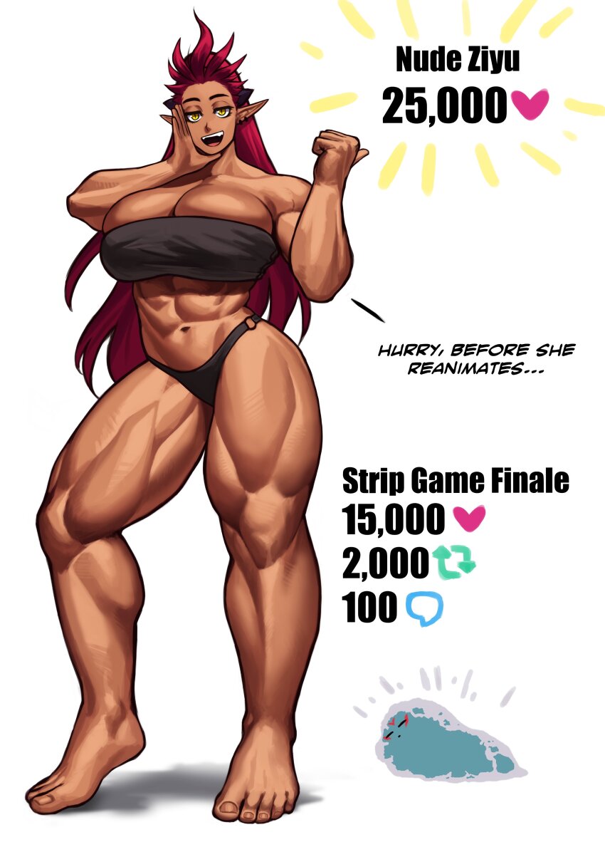 1girl, abs, absurdres, ali_(sotcho), bare_arms, bare_legs, bare_shoulders, barefoot, black_horns, breasts, dark-skinned_female, dark_skin, dragon_girl, earrings, english_text, facial_mark, facing_viewer, half-closed_eyes, high_ponytail, highres, horns, huge_breasts, jewelry, long_hair, looking_at_viewer, muscular, muscular_arms, muscular_female, muscular_legs, naughty_face, navel, o-ring, o-ring_bottom, open_mouth, original, parody, pointing, pointing_at_another, pointy_ears, ponytail, raised_eyebrows, red_hair, scene_reference, shirt, slit_pupils, smile, sotcho, stomach, strapless, strapless_shirt, tall_female, thick_eyebrows, thick_eyelashes, thighs, twitter_strip_game, white_background, yellow_eyes, ziyu_(sotcho)