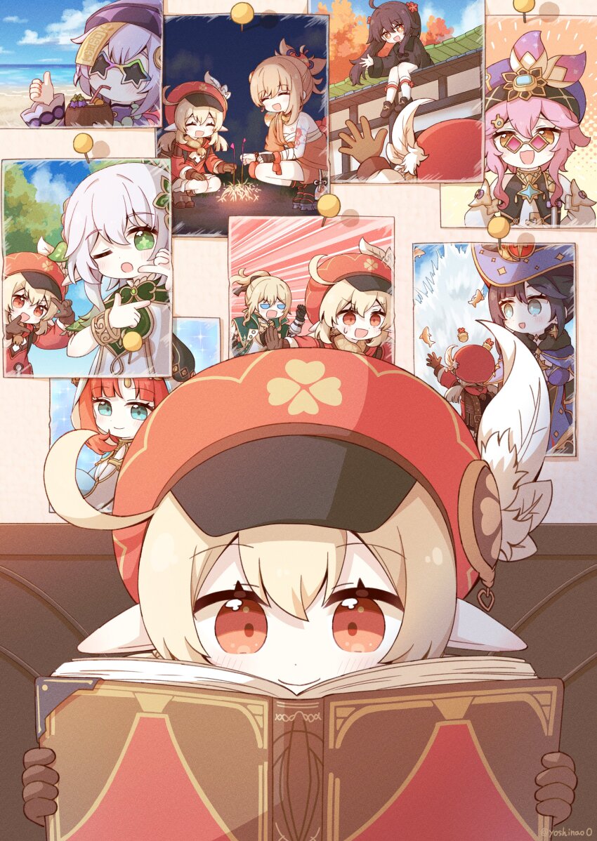 1girl, ;o, absurdres, aged_down, ahoge, angry, arabian_clothes, architecture, arms_up, backpack, bag, bead_necklace, beads, bespectacled, black_footwear, black_hair, blue_eyes, book, bow, bracelet, braid, cameo, cape, capelet, chasing, chinese_clothes, choker, clover_print, coconut_tree, coin_hair_ornament, commentary_request, dancer, dancing, dori_(genshin_impact), drinking_straw, drinking_straw_in_mouth, earrings, east_asian_architecture, explosion, fake_horns, finger_frame, fireworks, fish, fleeing, flower, fruit_as_cup, fur-trimmed_cape, fur_trim, genshin_impact, geta, glasses, gloves, gradient_hair, green_eyes, hadanugi_dousa, hair_between_eyes, hair_bow, hair_flower, hair_ornament, hair_ribbon, hat, hat_feather, hat_ornament, headpiece, highres, holding, holding_book, horns, hu_tao_(genshin_impact), japanese_clothes, jean_(genshin_impact), jewelry, jiangshi, jumpy_dumpty, kimono, klee_(genshin_impact), kneehighs, light_brown_hair, long_hair, long_sleeves, low_twintails, mona_(genshin_impact), multicolored_hair, nahida_(genshin_impact), necklace, newsboy_cap, night, nilou_(genshin_impact), obi, ofuda, on_roof, one_eye_closed, open_clothes, open_kimono, orange_eyes, palm_tree, photo_(object), pink_eyes, pointy_ears, ponytail, pouch, purple_hair, qingdai_guanmao, qiqi_(genshin_impact), randoseru, reading, red_eyes, red_hair, ribbon, sarashi, sash, senkou_hanabi, shoes, short_hair, short_hair_with_long_locks, side_ponytail, sidelocks, single_braid, single_glove, sitting_on_roof, sky, smile, socks, solo, sparkler, squatting, star-shaped_eyewear, star_(symbol), sunglasses, sweatdrop, symbol-shaped_pupils, thumbs_up, tree, twintails, twitter_username, v-shaped_eyebrows, veil, waving, white_hair, white_socks, witch_hat, yellow_eyes, yoimiya_(genshin_impact), yoshinao_(yoshinao_0203)