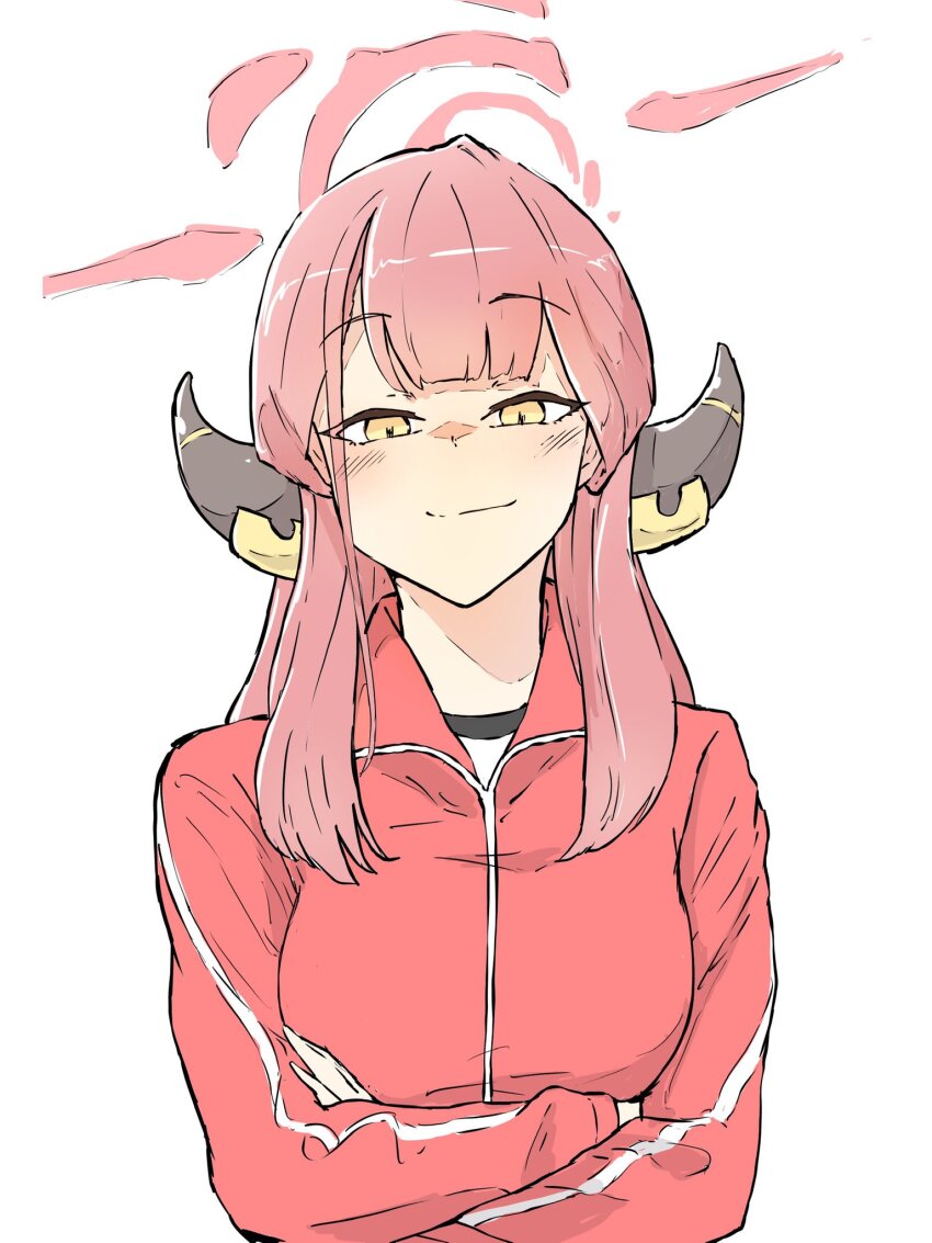 1girl, aru_(blue_archive), blue_archive, blush, breasts, closed_mouth, crossed_arms, halo