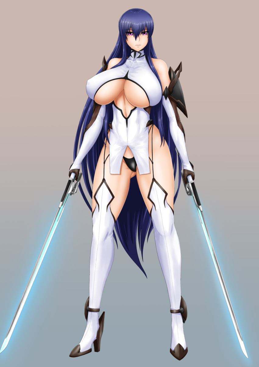 1girl, akiyama_rinko, breasts, full_body, highres, holding, holding_sword, holding_weapon, large_breasts, long_hair, nikozes, revealing_clothes, simple_background, sword, taimanin_(series), taimanin_yukikaze, thong, very_long_hair, weapon