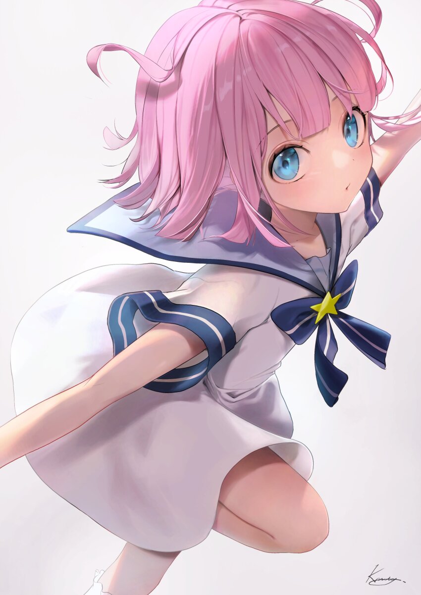 1girl, absurdres, blue_eyes, bocchi_the_rock!, bow, bowtie, dress, floating_hair, foot_out_of_frame, gotoh_futari, gradient_background, highres, kamatoyu, outstretched_arms, pink_hair, sailor_dress, short_hair, signature, solo, spread_arms, standing, standing_on_one_leg, star_(symbol), star_ornament, white_dress