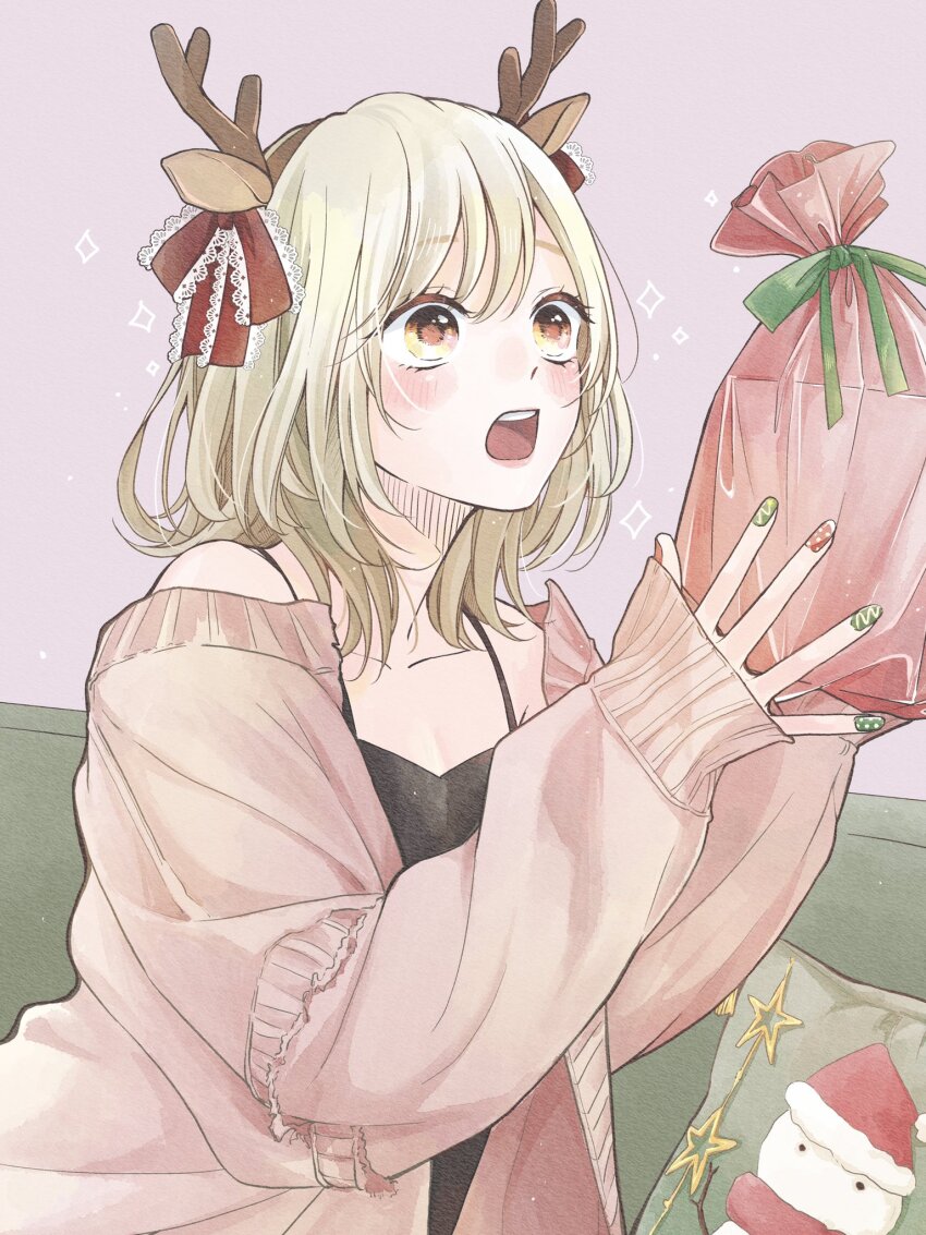 1girl, animal_ears, antlers, bag, black_camisole, blonde_hair, blush, brown_eyes