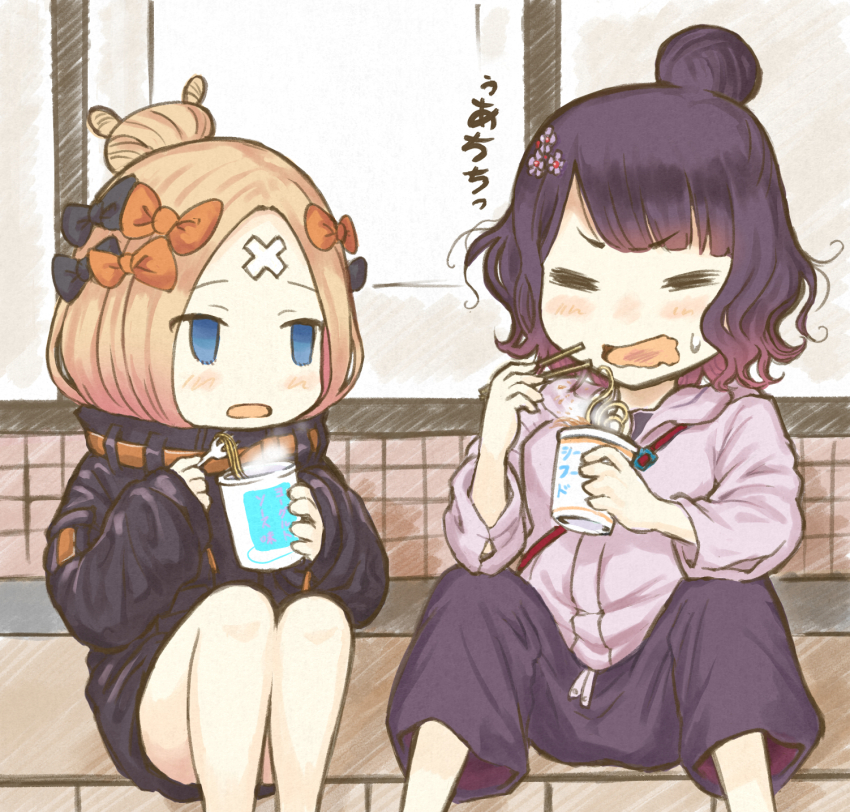 2girls, abigail_williams_(fate), abigail_williams_(traveling_outfit)_(fate), bandaid, bandaid_on_face, bandaid_on_forehead, black_bow, black_jacket