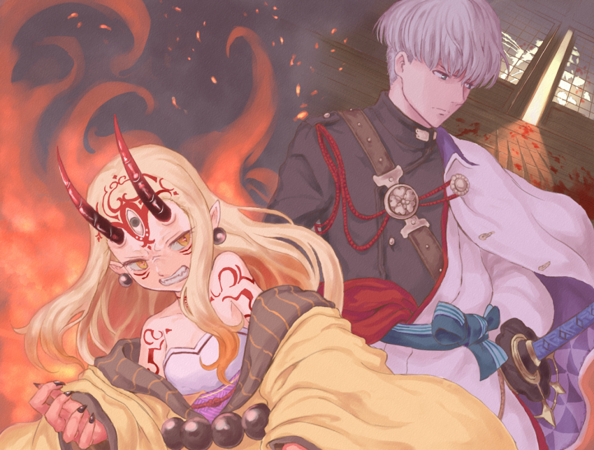 1boy, 1girl, bare_shoulders, blonde_hair, blood, blood_stain, body_markings, bowl_cut