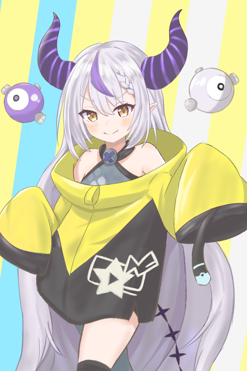 1717inamin, 1girl, absurdres, alternate_costume, braid, braided_bangs, cosplay, grey_hair, hexagon_print, highres, hololive, iono_(pokemon), iono_(pokemon)_(cosplay), jacket, la+_darknesss, long_hair, multicolored_hair, nintendo, oversized_clothes, pokemon, pokemon_scarlet_and_violet, purple_hair, solo, streaked_hair, very_long_hair, virtual_youtuber, x_(symbol), yellow_eyes, yellow_jacket