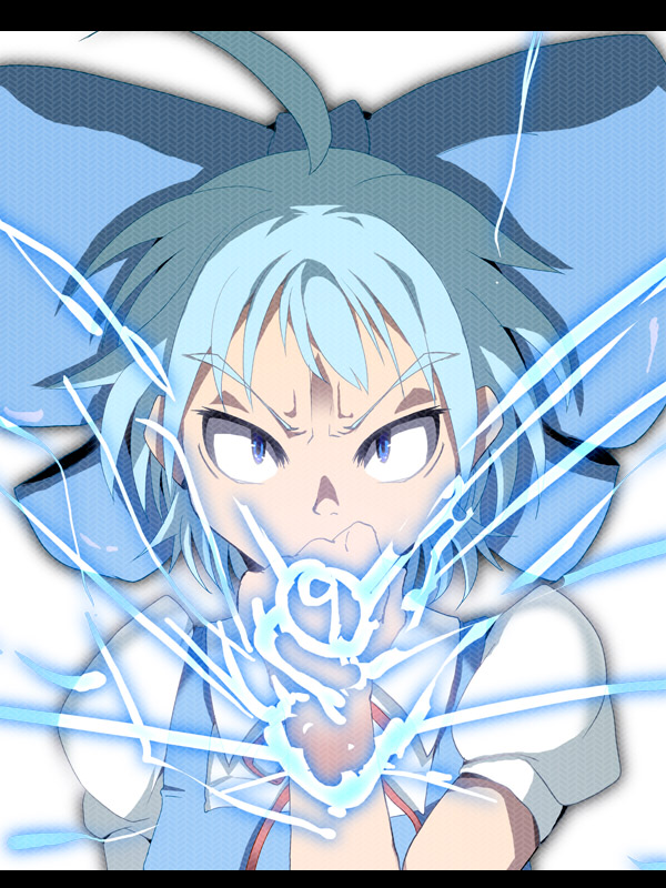 1girl, angry, blouse, bow, circled_9, cirno, collared_shirt, dress, embodiment_of_scarlet_devil, female_focus, g_gundam, gundam, huge_bow, kurosu_(masaru), kurosu_masaru, letterboxed, parody, pinafore_dress, ribbon, shirt, sleeveless, sleeveless_dress, solo, touhou, white_shirt