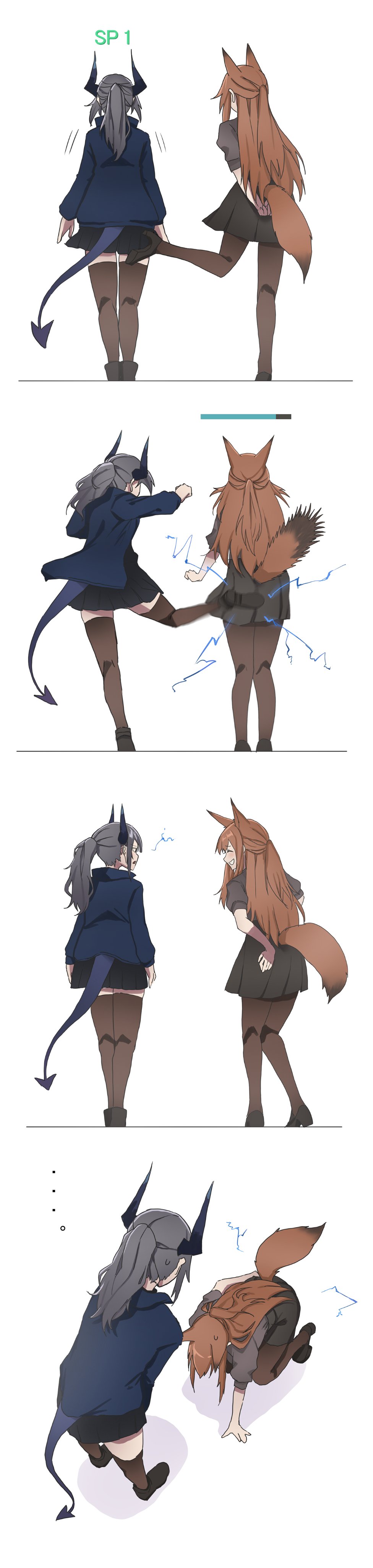 ..., 2girls, 4koma, absurdres, animal_ears, arknights, black_skirt, black_thighhighs
