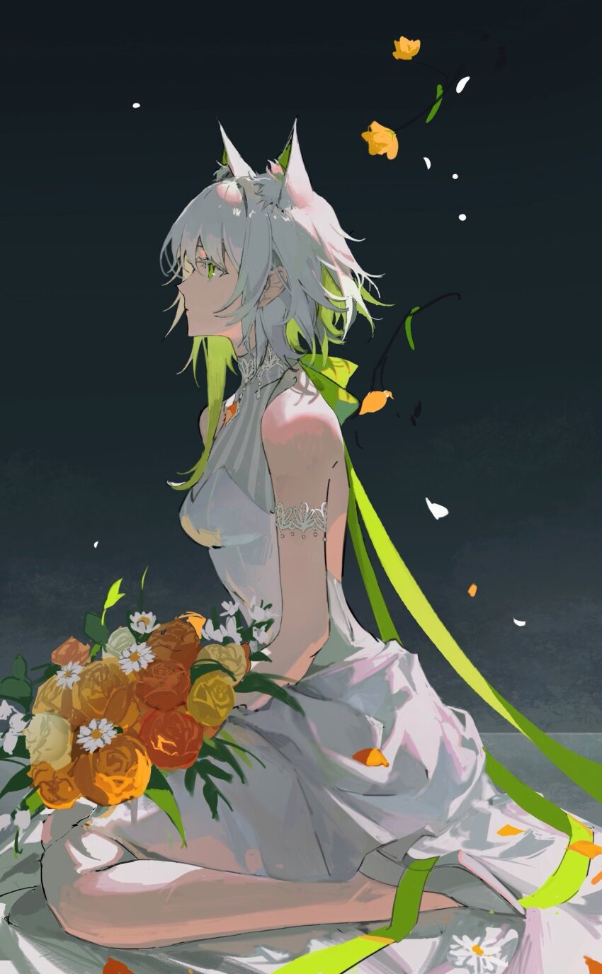 1girl, animal_ear_fluff, animal_ears, arknights, bare_shoulders, bouquet, breasts, cat_ears, dress, falling_flower, falling_petals, flower, gem, gradient_background, green_eyes, green_hair, heqing, high_heels, highres, holding, holding_bouquet, kal'tsit_(arknights), long_hair, medium_breasts, multicolored_hair, on_floor, orange_flower, orange_gem, petals, sleeveless, sleeveless_dress, solo, wedding_dress, white_dress, white_flower, white_footwear, white_hair, yellow_flower