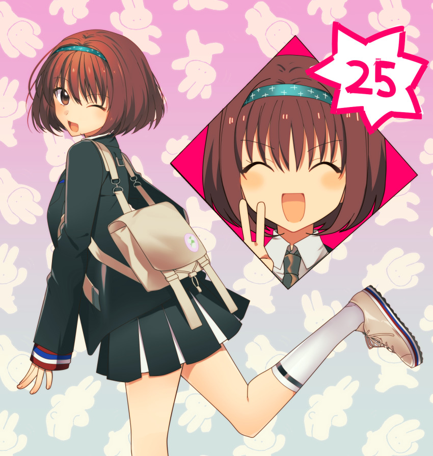 1girl, :d, backpack, bag, black_jacket, black_necktie, black_skirt, blazer