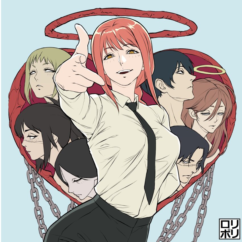 3boys, 4girls, angel_devil_(chainsaw_man), arm_behind_back, black_hair, black_necktie, black_pants, blank_eyes