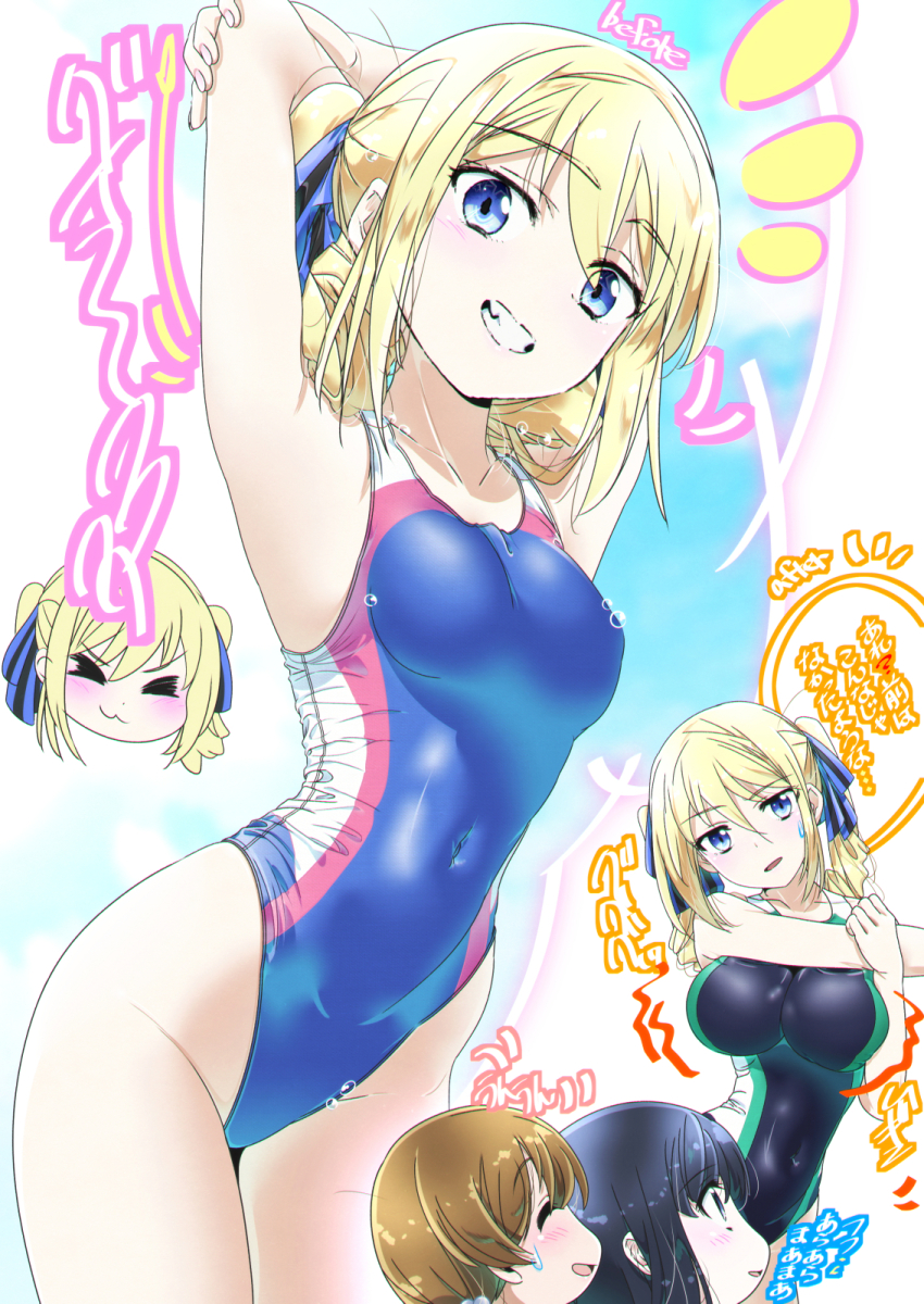 1boy, 2girls, angelina_kudou_shields, armpits, arms_behind_head, black_one-piece_swimsuit, blonde_hair, blue_eyes, blue_one-piece_swimsuit, breasts, commentary_request, competition_swimsuit, covered_navel, cowboy_shot, grin, highleg, highleg_one-piece_swimsuit, highres, ichijou_masaki, large_breasts, looking_at_viewer, mahouka_koukou_no_rettousei, mamezuka_takashi, multiple_girls, multiple_views, one-piece_swimsuit, shiba_miyuki, small_breasts, smile, stretching, swimsuit