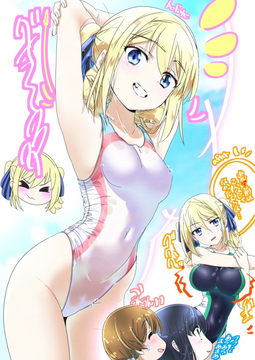 1boy, 2girls, angelina_kudou_shields, black_one-piece_swimsuit, blonde_hair, blue_eyes, breasts, commentary_request, competition_swimsuit, covered_navel, cowboy_shot, grin, highleg, highleg_one-piece_swimsuit, highres, ichijou_masaki, looking_at_viewer, mahouka_koukou_no_rettousei, mamezuka_takashi, medium_breasts, multiple_girls, multiple_views, one-piece_swimsuit, shiba_miyuki, small_breasts, smile, stretching, swimsuit, white_one-piece_swimsuit