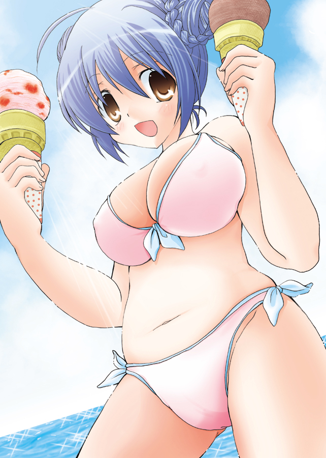 1girl, bad_id, bad_pixiv_id, bikini, blue_hair, brown_eyes, double_bun, dutch_angle