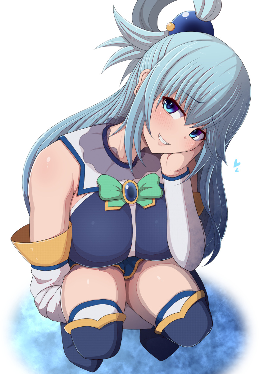 aqua_(konosuba), bare_shoulders, blue_eyes, blue_hair, blush, breasts, cleavage, female_focus, hair_between_eyes, highres, kneeling, kono_subarashii_sekai_ni_shukufuku_wo!, large_breasts, long_hair, long_sleeves, looking_at_viewer, miniskirt, ponponmaru, ponytail, skirt, three-quarter_sleeves, smile, solo_focus, thick_thighs, thighhighs, thighs, white_legwear, white_sleeves, white_stockings, wide_hips