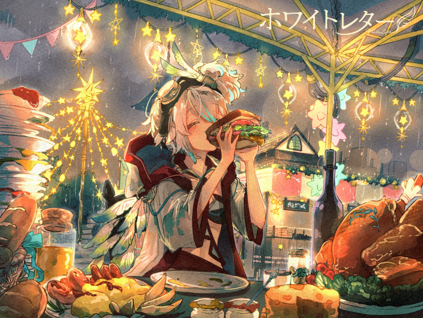 1girl, baguette, bottle, bread, building, cheese, cheese_wheel, christmas