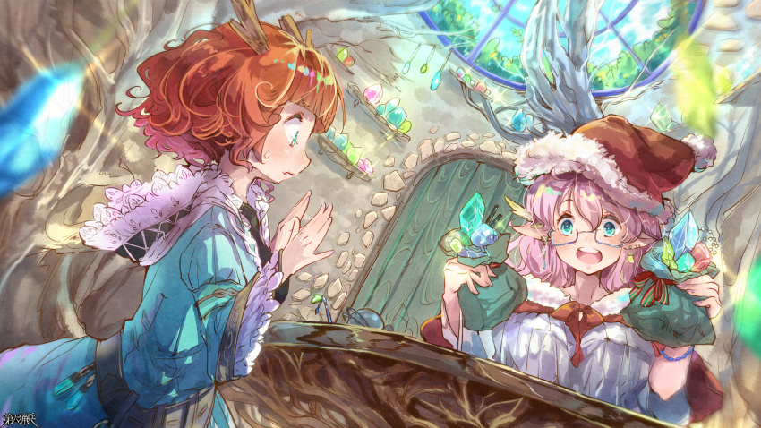 2girls, :o, bag, blue_dress, blue_eyes, blurry, blurry_foreground, brown_horns