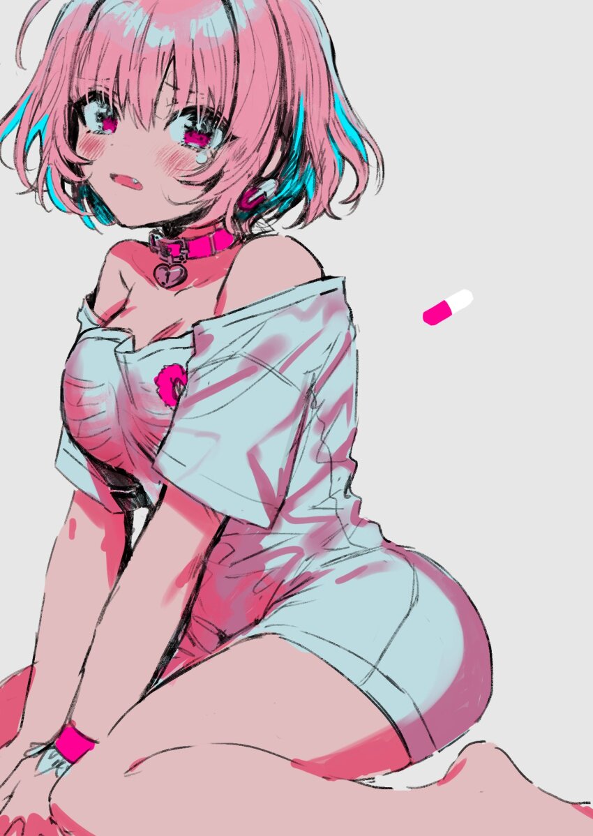 1girl, bare_shoulders, blue_hair, blush, breasts, collar, earrings, fujishiro74, heart-shaped_lock, highres, idolmaster, idolmaster_cinderella_girls, jewelry, looking_at_viewer, medium_breasts, multicolored_hair, off_shoulder, open_mouth, pill, pill_earrings, pink_collar, pink_eyes, pink_hair, shirt, short_hair, sitting, solo, tears, wariza, white_shirt, wristband, yumemi_riamu