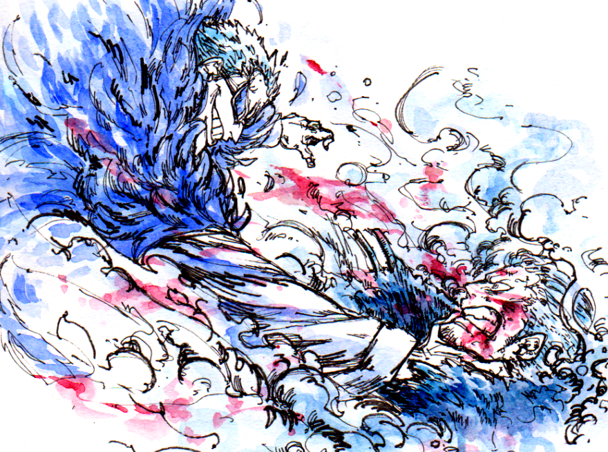 2boys, blood, blue_theme, coat, donquixote_doflamingo, feather_coat, feathers, fighting