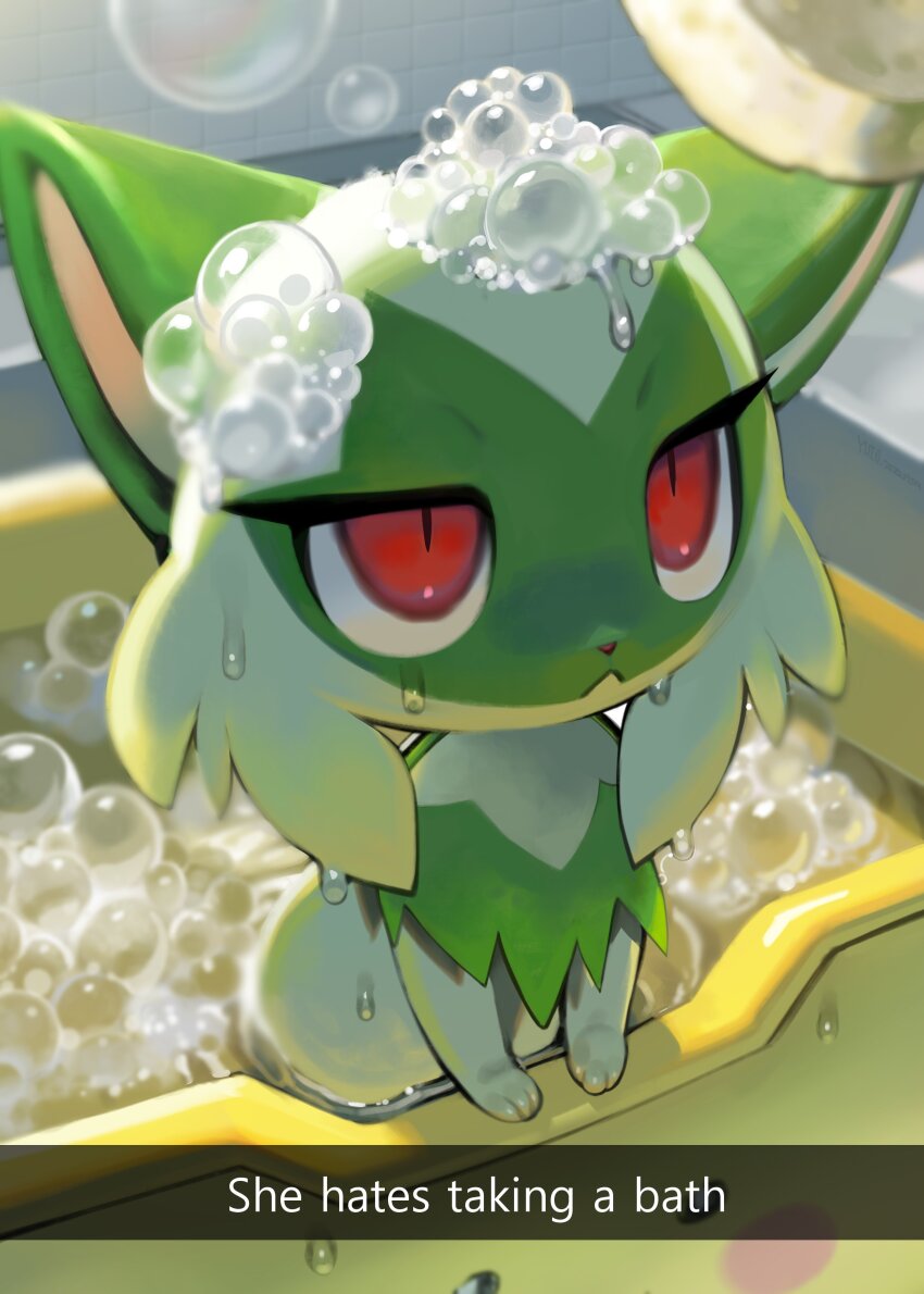 absurdres, bath, bathing, bathtub, bubble, bubble_bath, cat, completely_unamused, english_text, foam, half-closed_eyes, highres, nintendo, no_humans, pokemon, pokemon_(creature), red_eyes, soap, soap_bubbles, sprigatito, unamused, washbowl, yuio58ok