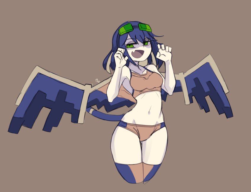 1girl, :d, absurdres, blue_hair, collarbone, cowboy_shot, doce, fang, female_focus, green_eyes, hairband, hands_up, highres, looking_at_viewer, minecraft, navel, open_mouth, personification, phantom_(minecraft), short_hair, simple_background, skin_fang, smile, solo, tail, thighhighs, wings