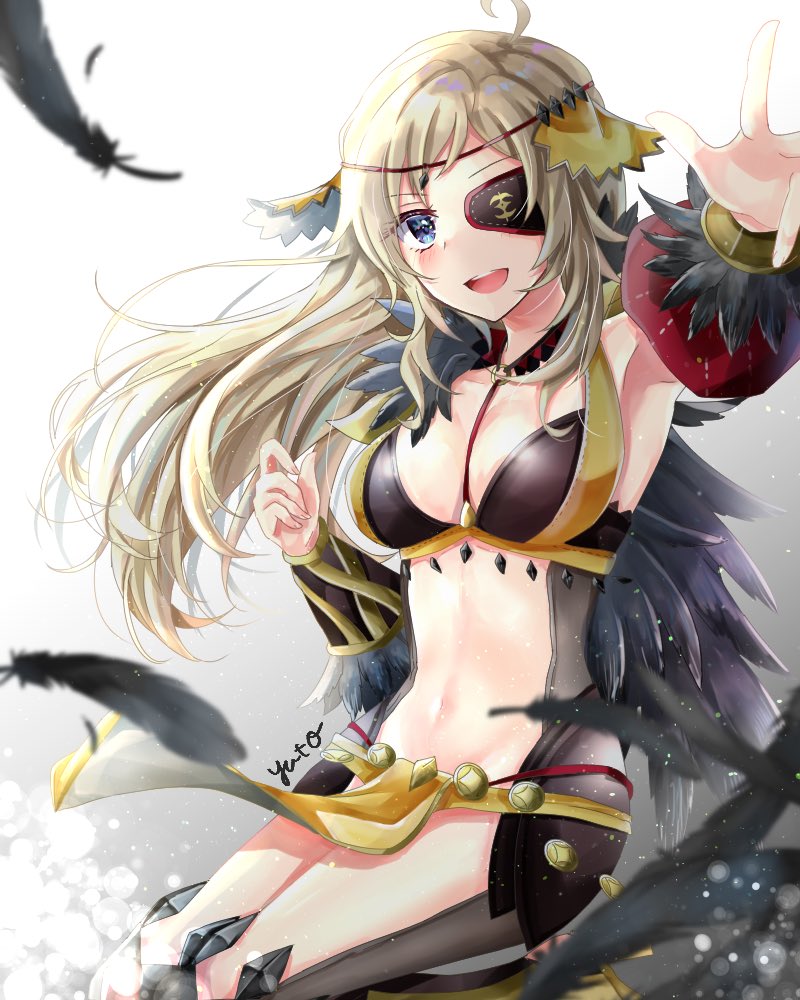 1girl, ahoge, armored_boots, armpits, bat_wings, black_feathers, blonde_hair, bodystocking