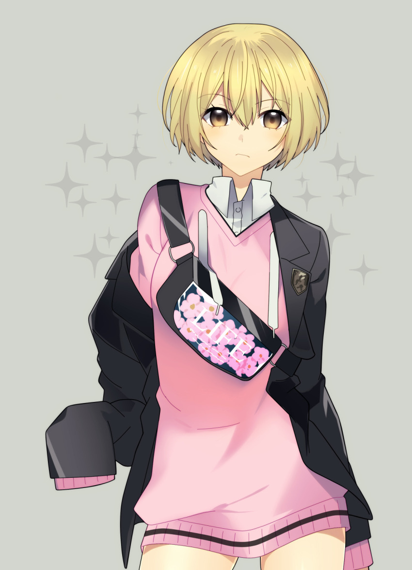 1girl, blonde_hair, caligula_(game), caligula_(series), highres, lololotton, miyasako_kiriko, oversized_clothes, pink_sweater, short_hair, sweater, yellow_eyes