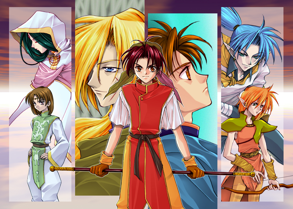 2girls, 5boys, ahoge, black_hair, blonde_hair, blue_eyes, blue_hair, bow_(weapon), brown_eyes, brown_hair, closed_eyes, facial_mark, forehead_mark, frown, gensou_suikoden, gensou_suikoden_i, gloves, gremio_(suikoden), hands_on_own_hips, hood, kirkis_(suikoden), leknaat, long_hair, luc_(suikoden), messy_hair, multiple_boys, multiple_girls, orange_hair, pants, parted_bangs, pointy_ears, ponytail, profile, red_hair, rod, scar, serious, shawl, shuri_yasuyuki, smile, stallion_(suikoden), ted, ted_(suikoden), tir_mcdohl, weapon, wrist_cuffs