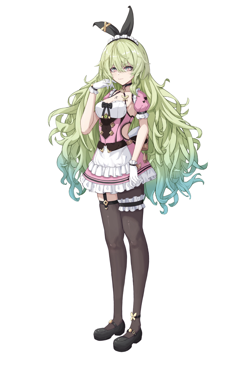 1girl, absurdres, black_thighhighs, breasts, cleavage, crown, curly_hair, dress, earrings, gloves, green_eyes, green_hair, highres, honkai_(series), honkai_impact_3rd, jewelry, kabuto_tong, long_hair, maid, medium_breasts, mobius_(honkai_impact), mobius_(mobius_dressing)_(honkai_impact), pantyhose, pink_dress, slit_pupils, thighhighs, white_gloves