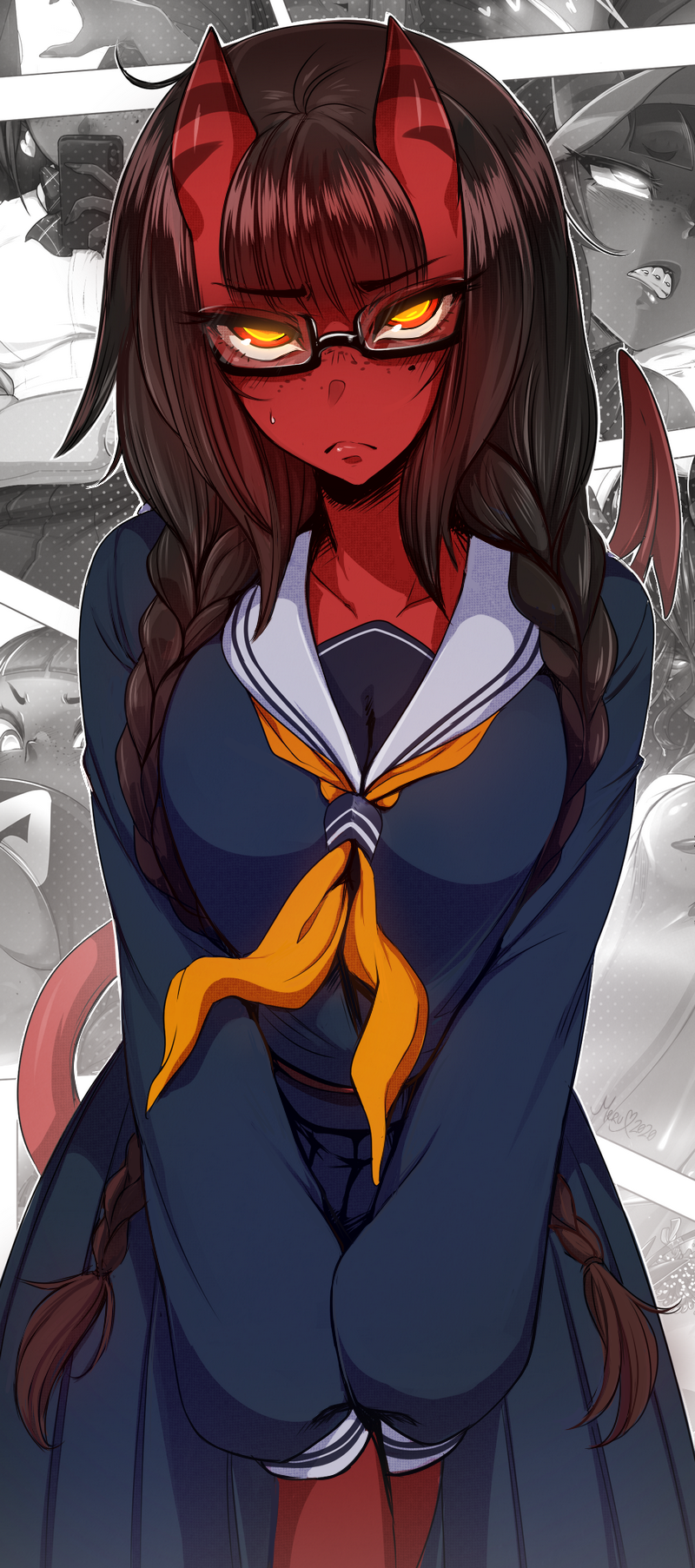 1girl, black-framed_eyewear, black_hair, blue_serafuku, blue_skirt, blunt_bangs, blush, bracket, braid, collarbone, colored_skin, cosplay, demon_girl, demon_tail, emergence_(shindol), freckles, frown, highres, horns, long_hair, long_sleeves, looking_at_viewer, meruccubus_(merunyaa), merunyaa, mole, mole_under_eye, neckerchief, orange_neckerchief, original, parody, pleated_skirt, pun, red_skin, school_uniform, serafuku, skin-covered_horns, skirt, solo, tail, twin_braids, v_arms, very_long_hair, yellow_eyes, yoshida_saki, yoshida_saki_(cosplay)