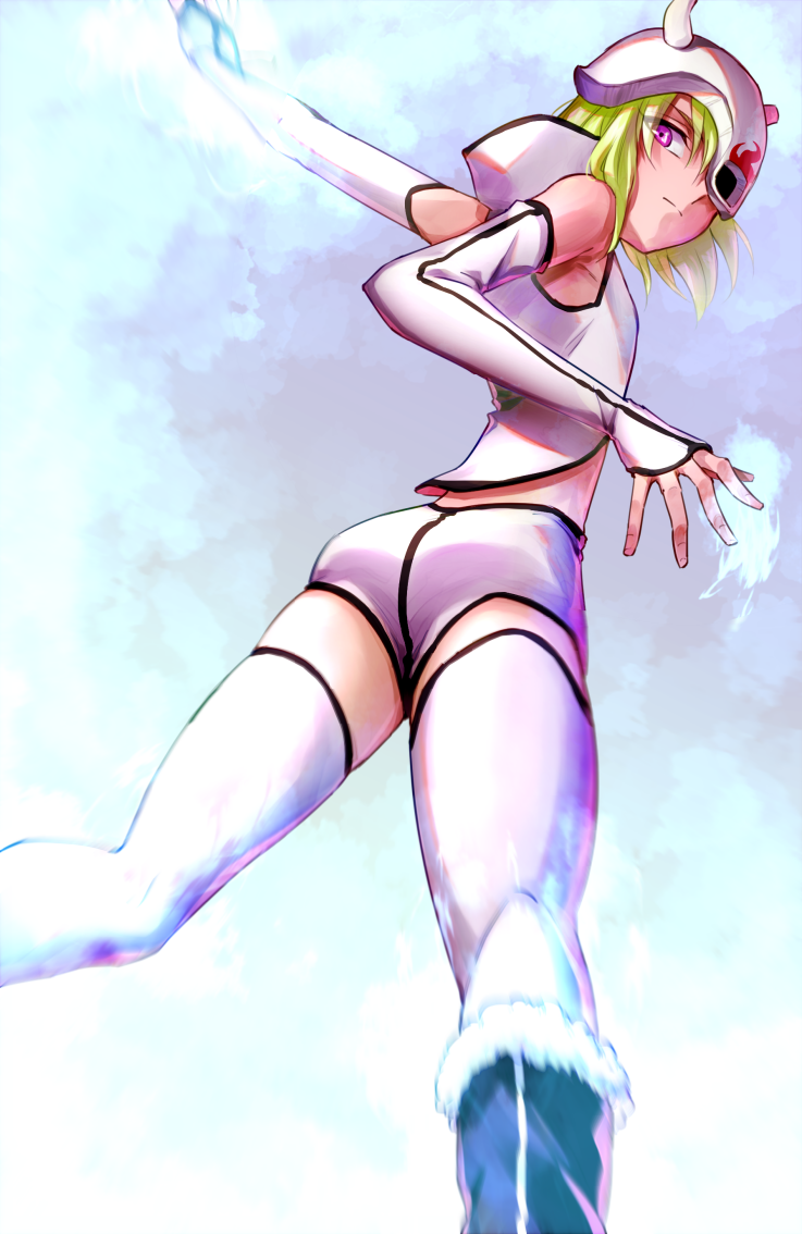 1girl, ass, bare_shoulders, black_footwear, bleach, closed_mouth, demon_horns, elbow_gloves