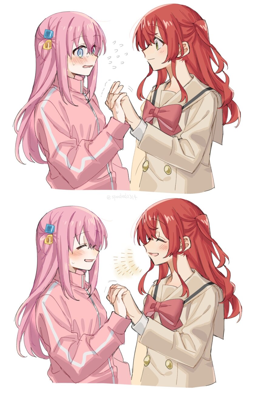 2girls, blue_eyes, blush, bocchi_the_rock!, bow, closed_eyes, commentary, cube_hair_ornament