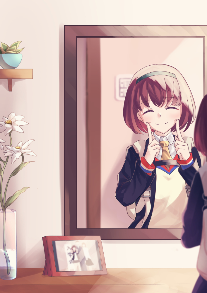 1girl, backpack, bag, bainu, black_jacket, blazer, blue_hairband, bob_cut