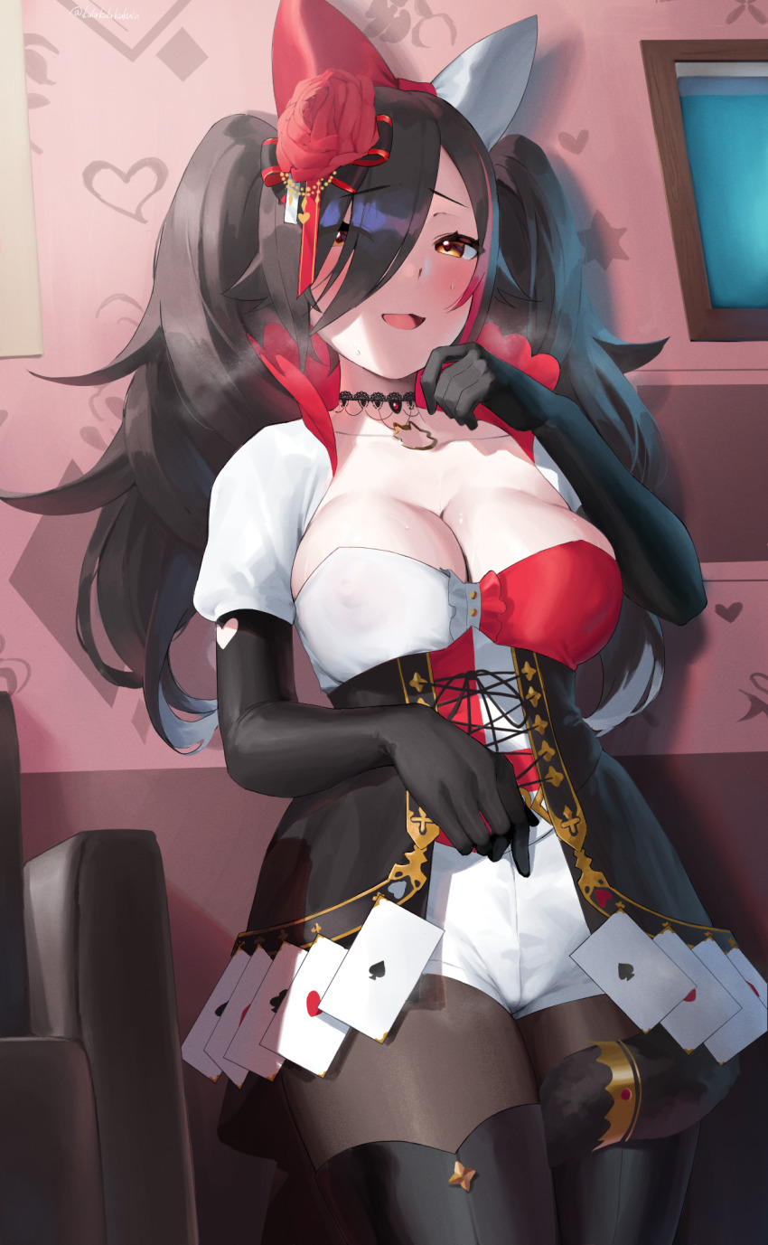 1girl, animal_ear_fluff, animal_ears, black_hair, blush, breasts, card, cleavage, collarbone, frikulu, hair_ornament, hair_over_one_eye, highres, hololive, large_breasts, long_hair, looking_at_viewer, multicolored_hair, ookami_mio, ookami_mio_(wonderland), open_mouth, orange_eyes, playing_card, red_hair, solo, streaked_hair, tail, tail_around_own_leg, tail_wrap, twintails, virtual_youtuber, wolf_ears, wolf_girl, wolf_tail