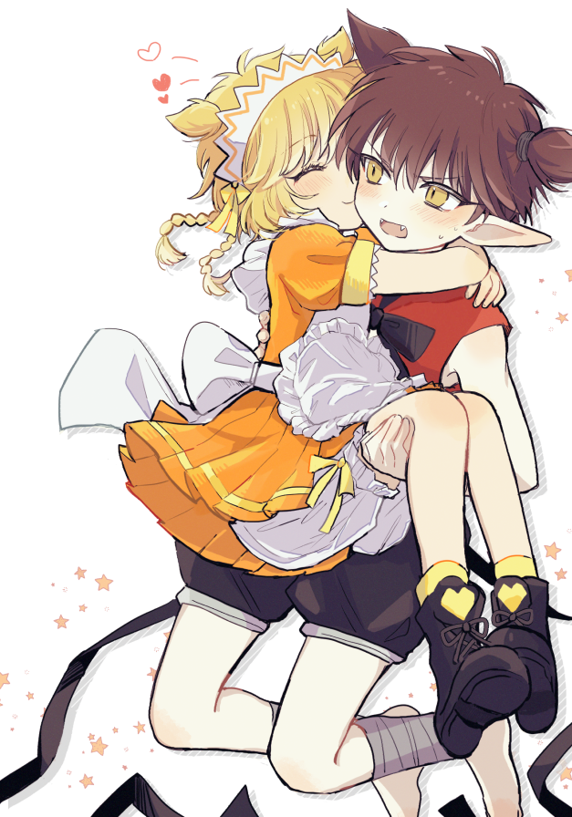 1boy, 1girl, apron, black_footwear, blonde_hair, braid, brown_hair, cafe_mew_mew_uniform, closed_eyes, detached_sleeves, fang, fong_pudding, full_body, hetero, kiss, kissing_cheek, maid, maid_headdress, nuka_(nukamochi), open_mouth, pointy_ears, puffy_detached_sleeves, puffy_sleeves, short_hair, short_twintails, shorts, simple_background, tail, tart_(tokyo_mew_mew), tokyo_mew_mew, tokyo_mew_mew_new, twintails, waitress, white_background, yellow_eyes