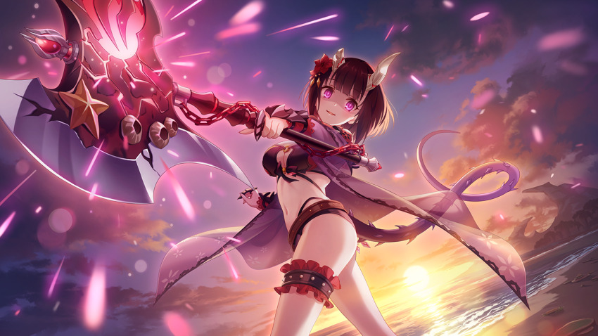 axe, beach, bikini, broken_horn, cloud, demon_horns, dusk, eriko_(princess_connect!)