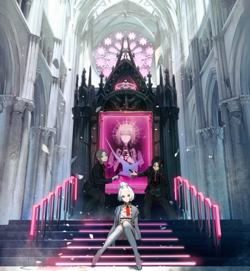 1boy, 3girls, architecture, black_hair, black_jacket, black_necktie, black_pants, black_shirt