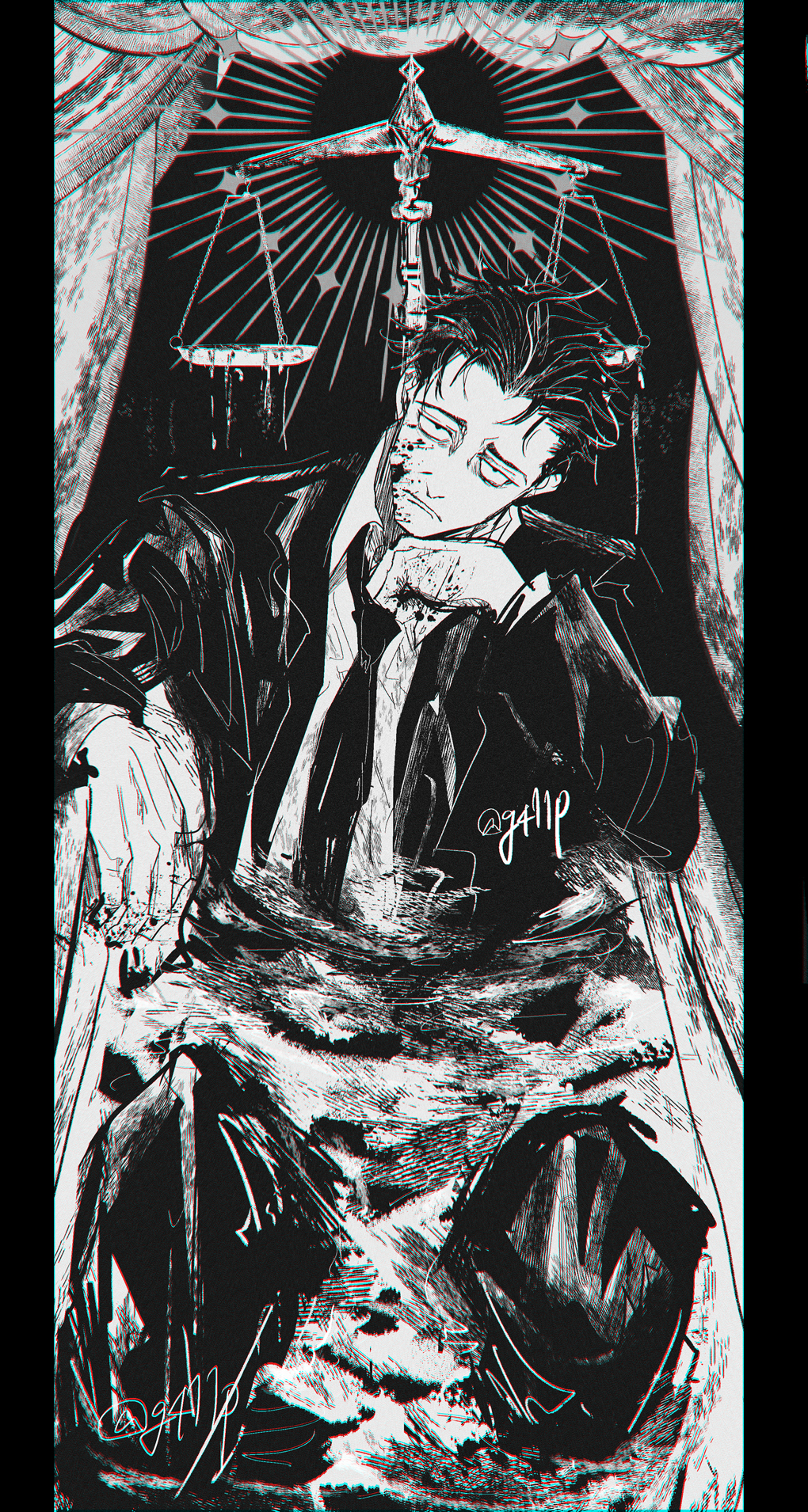 1boy, 411_(g411p), bathtub, blood, blood_on_face, closed_mouth, formal_clothes, frown