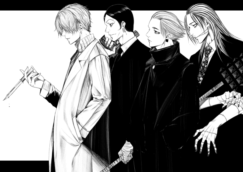 4boys, bake_ryori, closed_mouth, coat, collared_shirt, cowboy_shot, earrings, formal_clothes, gaku_(sakamoto_days), greyscale, gun, hair_slicked_back, handgun, high_collar, highres, holding, holding_gun, holding_knife, holding_polearm, holding_weapon, jacket, jewelry, kashima_(sakamoto_days), knife, long_hair, male_focus, monochrome, multiple_boys, necktie, polearm, profile, sakamoto_days, scar, scar_on_face, shirt, short_hair, standing, stitches, suit, turtleneck, uda_(sakamoto_days), uzuki_kei, weapon