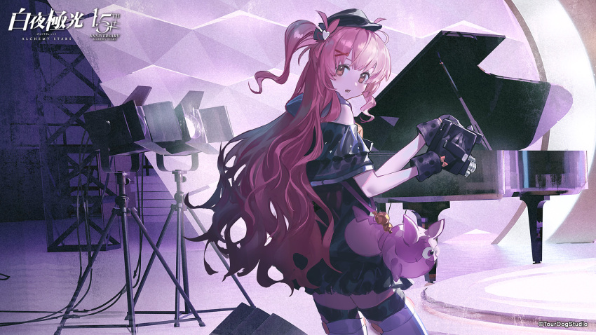 1girl, alchemy_stars, anniversary, black_dress, black_gloves, black_hat, cable, camera