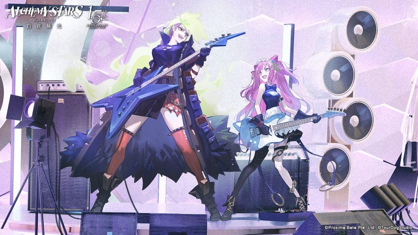 2girls, alchemy_stars, anniversary, apron, armband, barbara_(alchemy_stars), bare_shoulders, black_coat