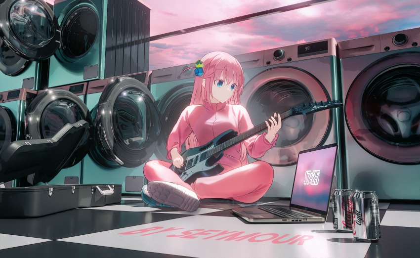 1girl, absurdres, blue_eyes, bocchi_the_rock!, can, cloud, coca-cola_zero, computer, crossed_legs, cube_hair_ornament, drink_can, electric_guitar, gibson_les_paul, gotoh_hitori, guitar, hair_ornament, hair_over_eyes, highres, holding, holding_instrument, holding_plectrum, ibanez_jem, instrument, instrument_case, jacket, laptop, laundromat, long_hair, music, one_side_up, pants, pink_hair, pink_jacket, pink_pants, pink_track_suit, playing_instrument, plectrum, scenery, seymour_(sai_lu_er), sitting, soda_can, track_jacket, track_pants, track_suit