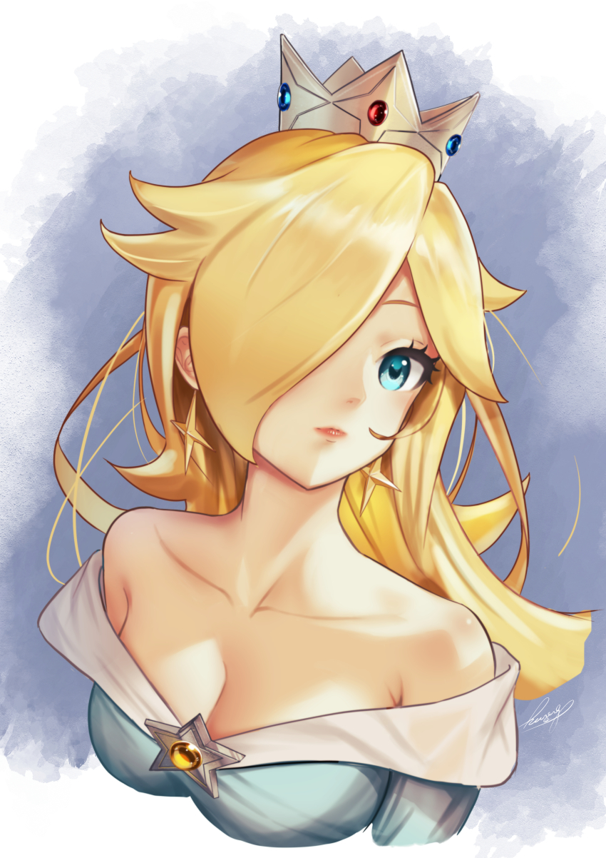 1girl, absurdres, bare_shoulders, blonde_hair, blue_dress, blue_eyes, brooch, collarbone, crown, dress, earrings, hair_over_one_eye, highres, jewelry, kurere1202, long_hair, looking_at_viewer, mario_(series), nintendo, off-shoulder_dress, off_shoulder, rosalina, signature, solo, star_(symbol), star_earrings, super_mario_galaxy, upper_body