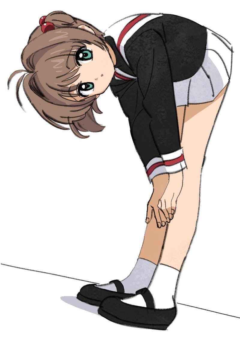 1girl, antenna_hair, bent_over, black_shirt, black_shoes, brown_hair, cardcaptor_sakura, full_body, green_eyes, hair_bobbles, hair_ornament, hands_on_own_knees, head_tilt, kinomoto_sakura, leaning_forward, looking_at_viewer, mary_janes, nnn-ollll, pleated_skirt, sailor_collar, school_uniform, serafuku, shirt, shoes, short_hair, skirt, socks, solo, tomoeda_elementary_school_uniform, tomoeda_middle_school_uniform, white_sailor_collar, white_skirt, white_socks