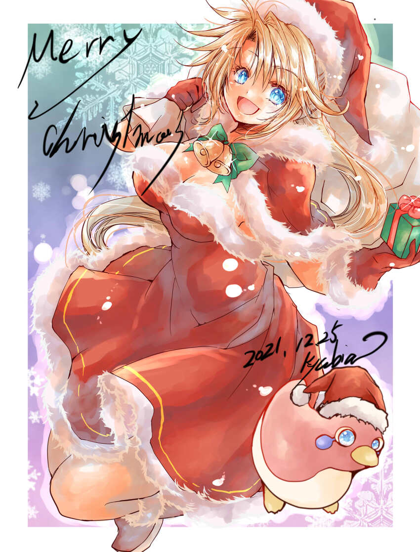 1girl, absurdres, blonde_hair, blue_eyes, blush, breasts, christmas, dated