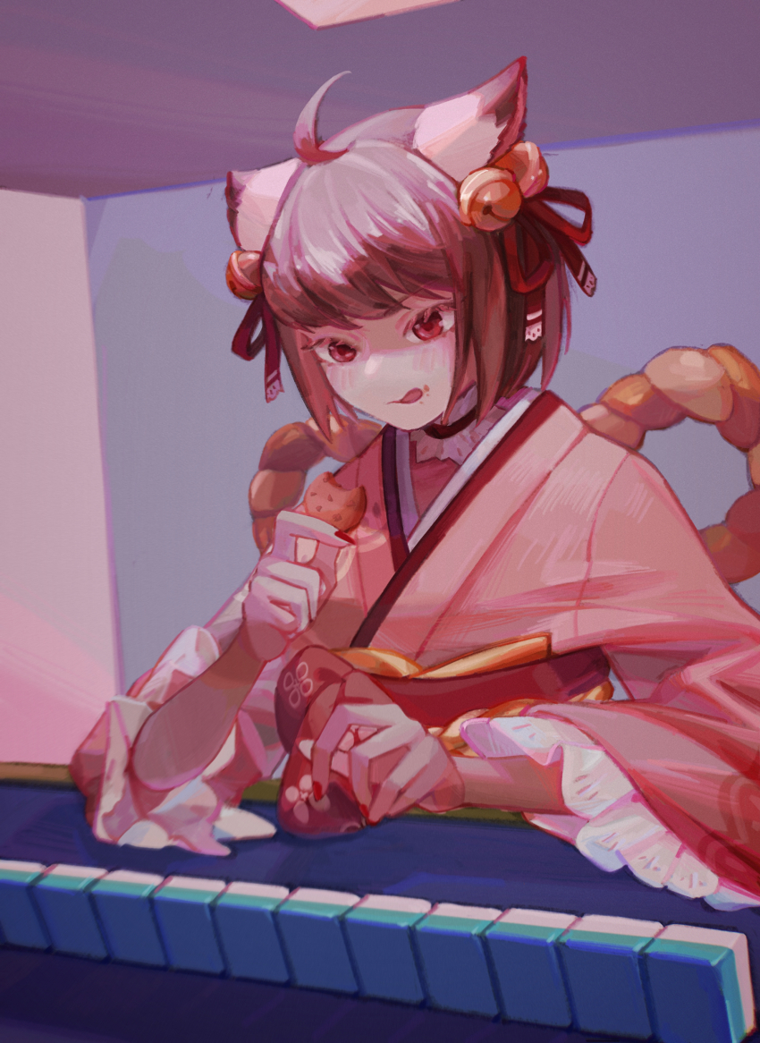 1girl, absurdres, ahoge, animal_ears, bell, brown_hair, choker, cookie